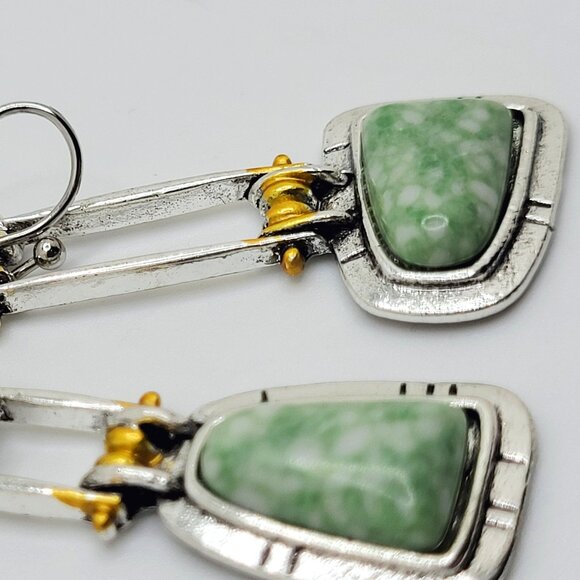 Asymmetrical Silver & Gold Accent Earrings Green Marbled Acrylic Stones - Picture 3 of 4